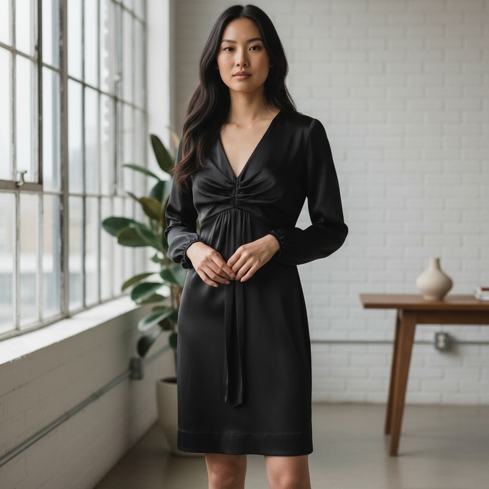 Hale Bob Black Long Sleeve Silk Dress Small